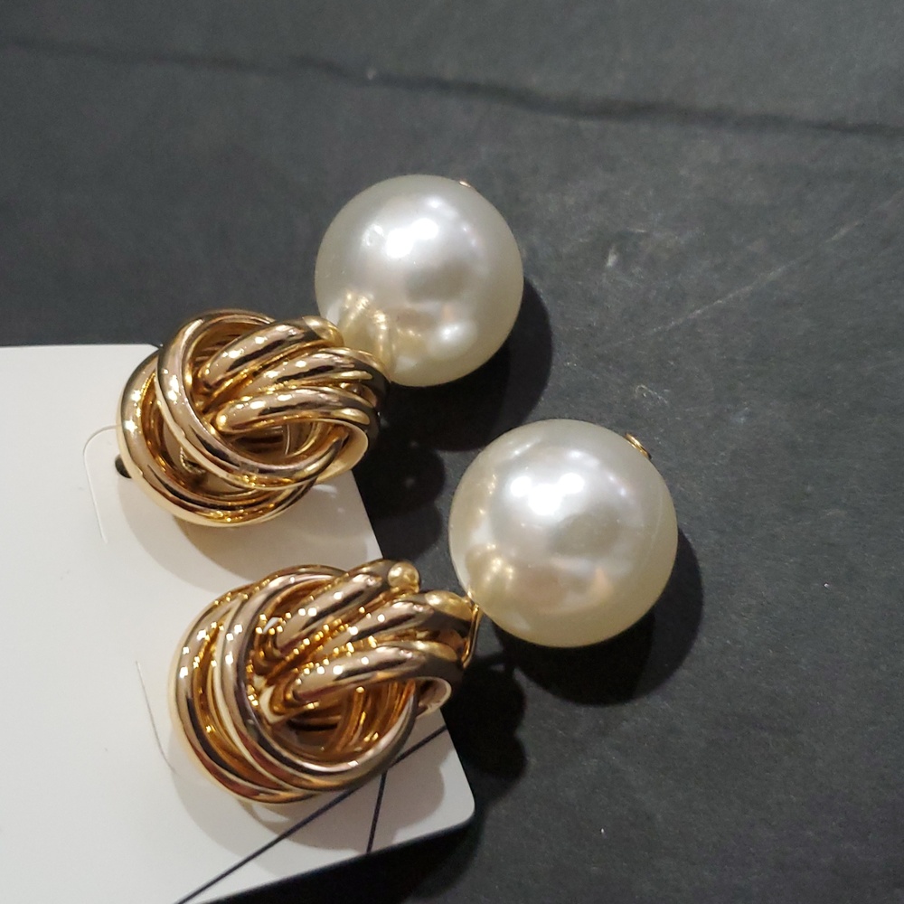 Aldo gold tone knot oversized faux pearl drop two tiered dangling earrings new